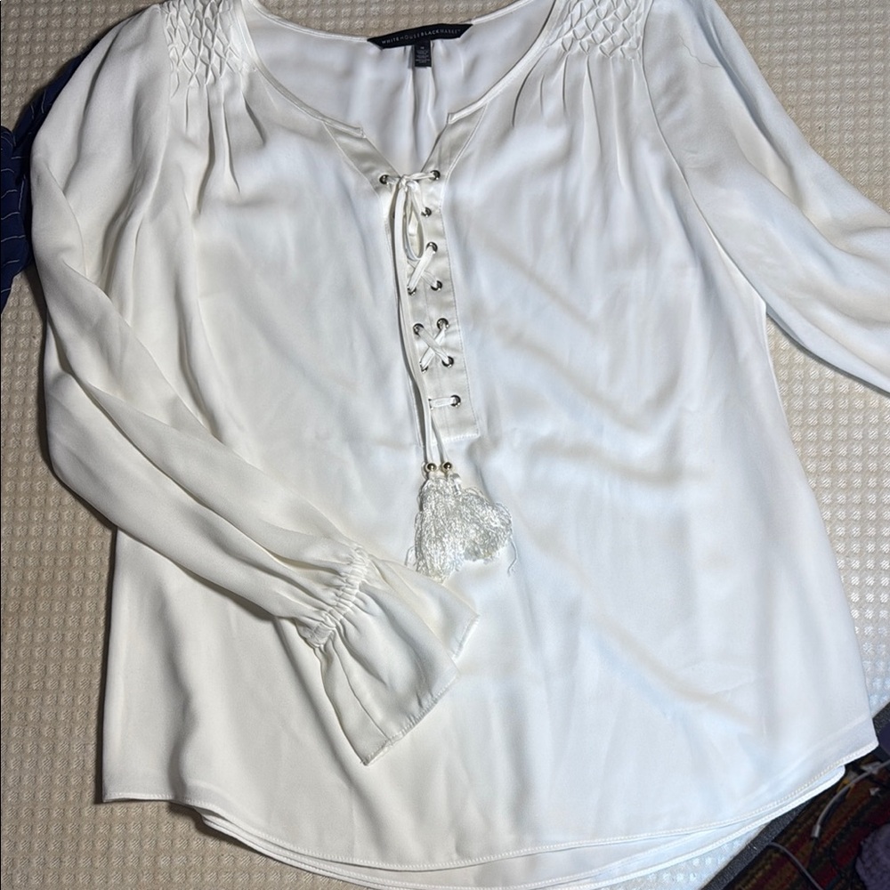White House Black Market White Smocked Tie Front Blouse